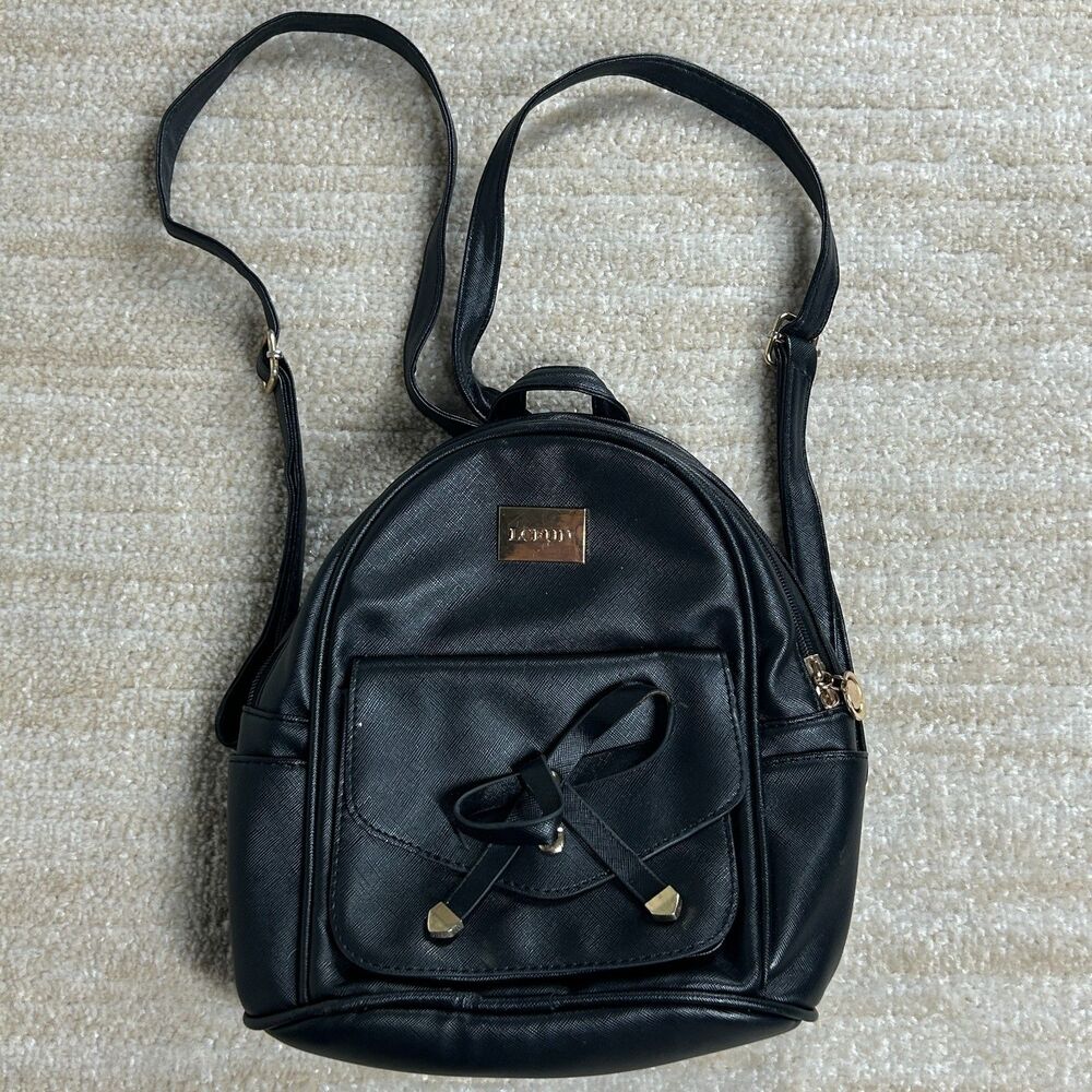 LCFUN Womens Mini Backpack Black Faux Leather Bow Front Pocket Adjustable Straps